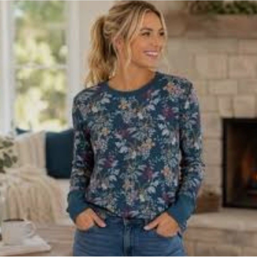 Sundance Clara Thermal Knit Top Women's XL Floral Green Velvet Trim Cuffs Boho